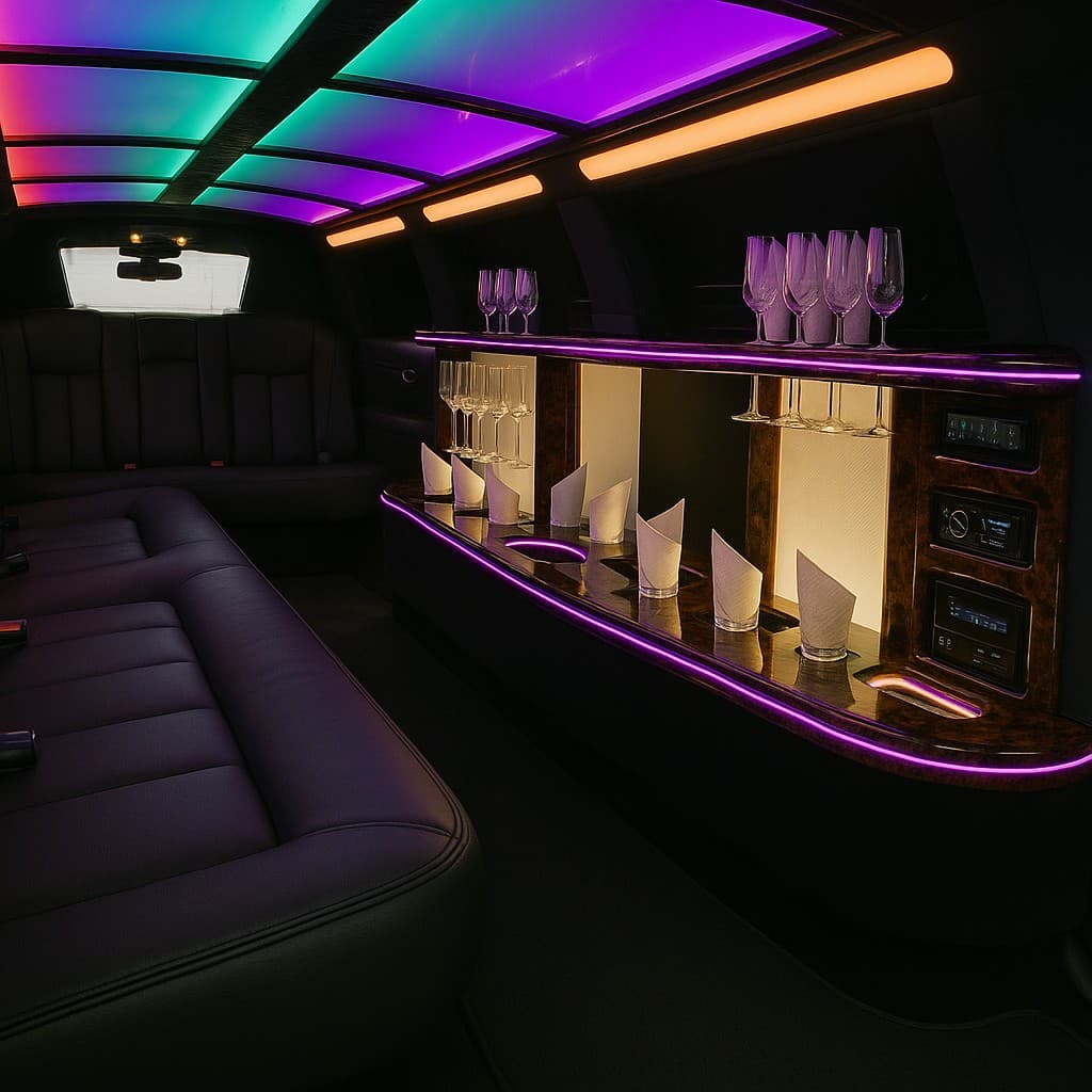 Luxury limousine interior with leather seating and ambient lighting