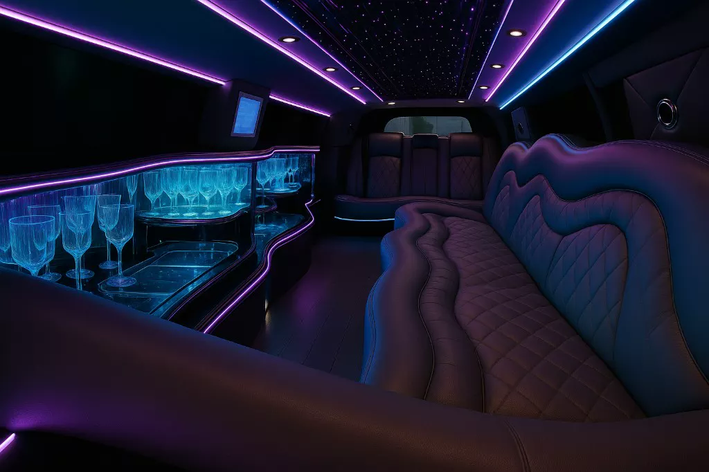 10 Passenger Limousine interior — Denver Party Ride fleet (8–10 passengers)