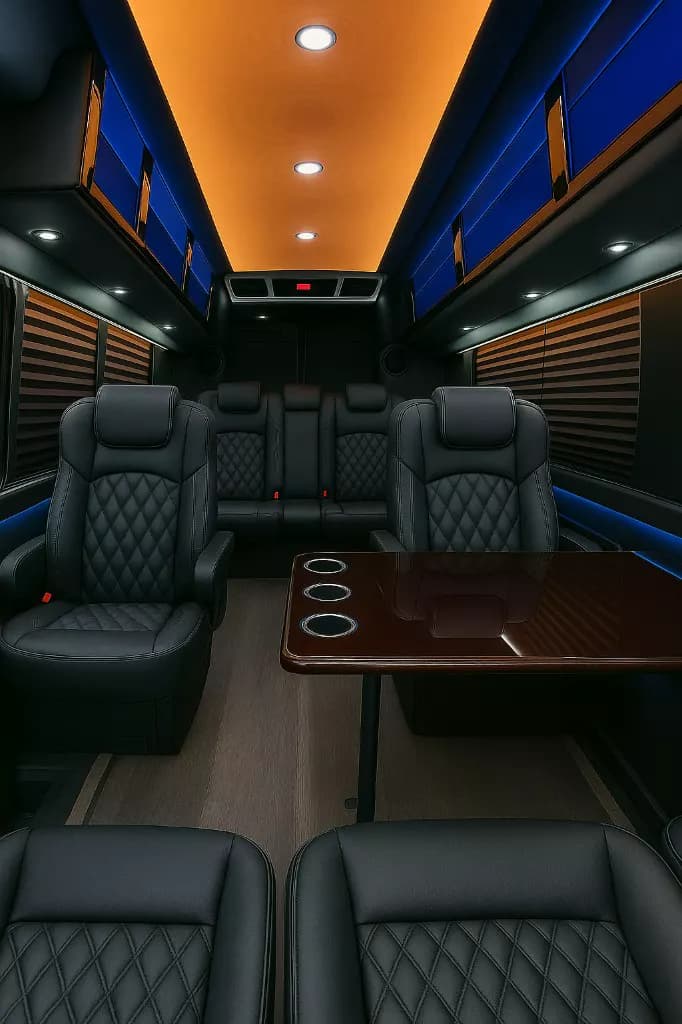 14 Passenger Executive Sprinter interior — Denver Party Ride fleet (12–14 passengers)