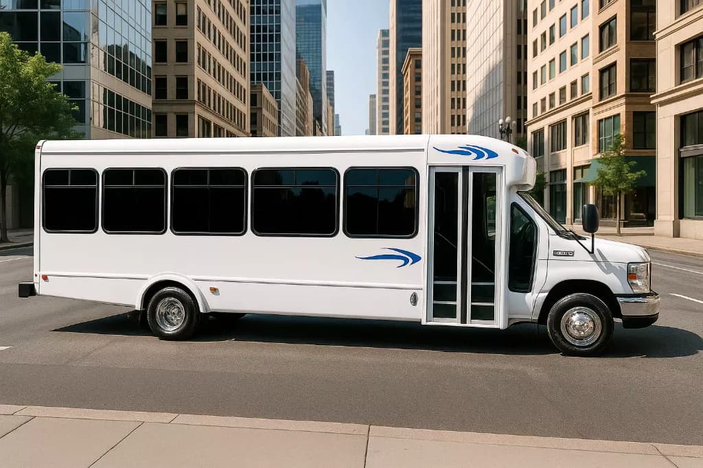 16 Passenger Coach Bus exterior — Denver Party Ride fleet (14–16 passengers)