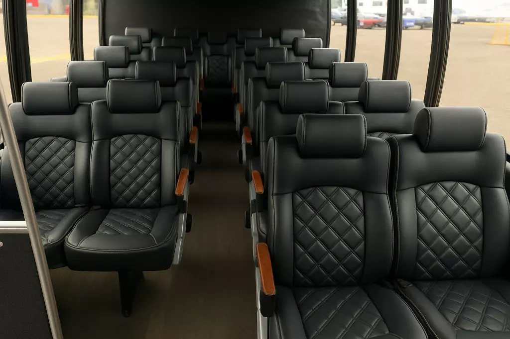 16 Passenger Coach Bus interior — Denver Party Ride fleet (14–16 passengers)