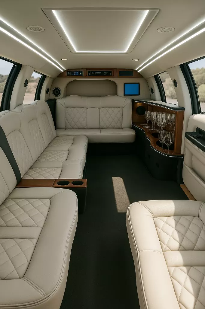 16 Passenger Limousine interior — Denver Party Ride fleet (14–16 passengers)