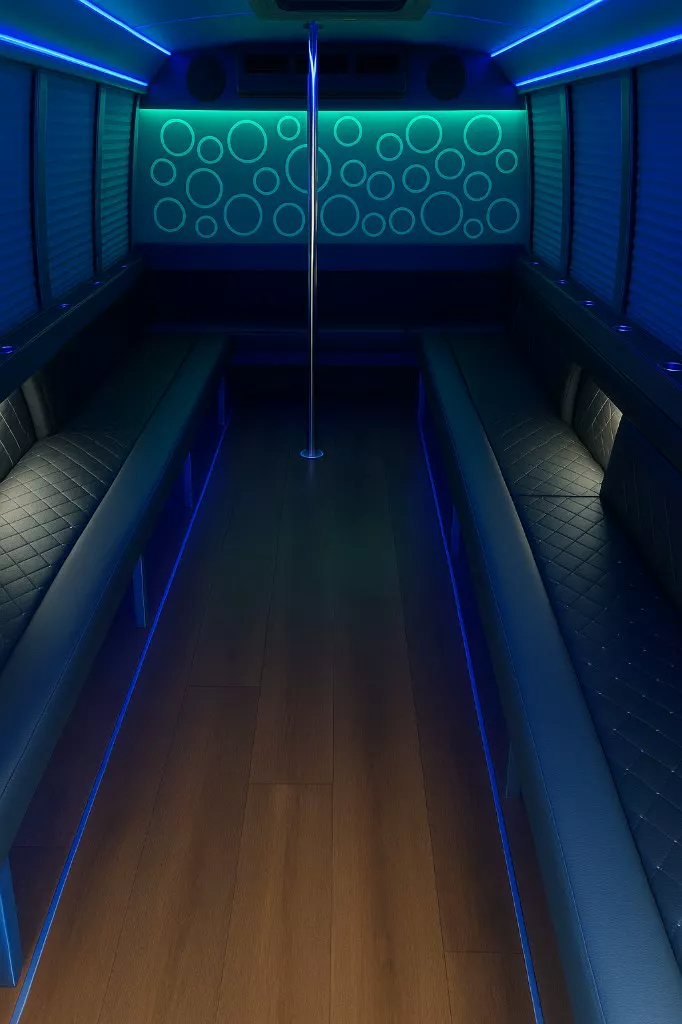 16 Passenger Party Bus interior — Denver Party Ride fleet (14–16 passengers)