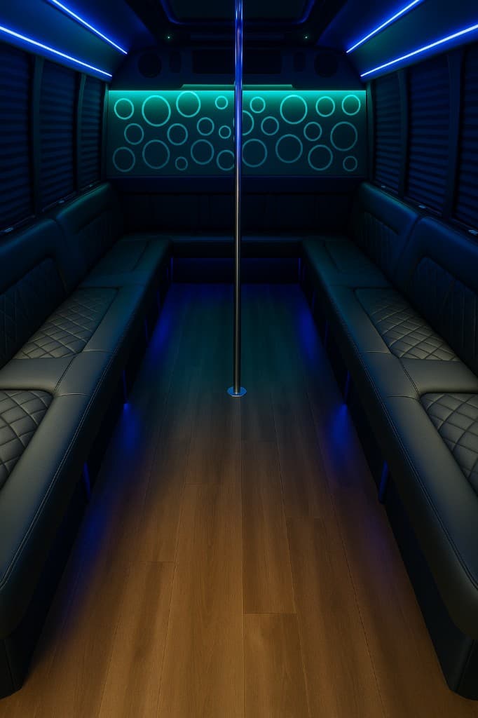 Party bus interior with LED lighting and spacious seating for Denver celebrations
