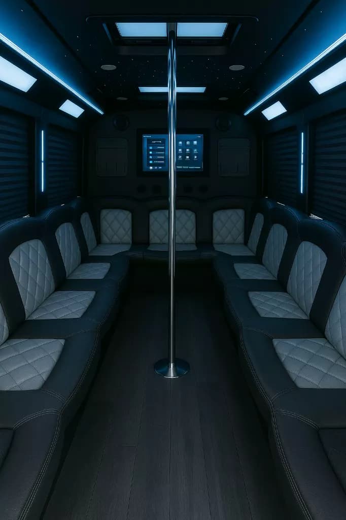22 Passenger Party Bus interior — Denver Party Ride fleet (20–22 passengers)