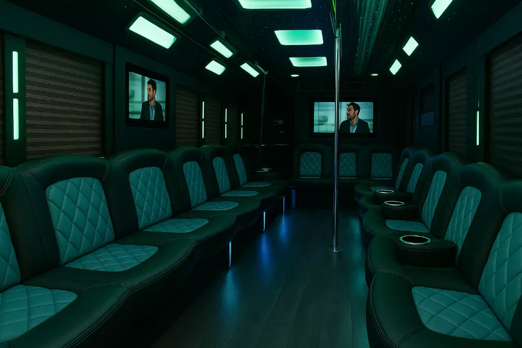 24 Passenger Party Bus interior — Denver Party Ride fleet (22–24 passengers)