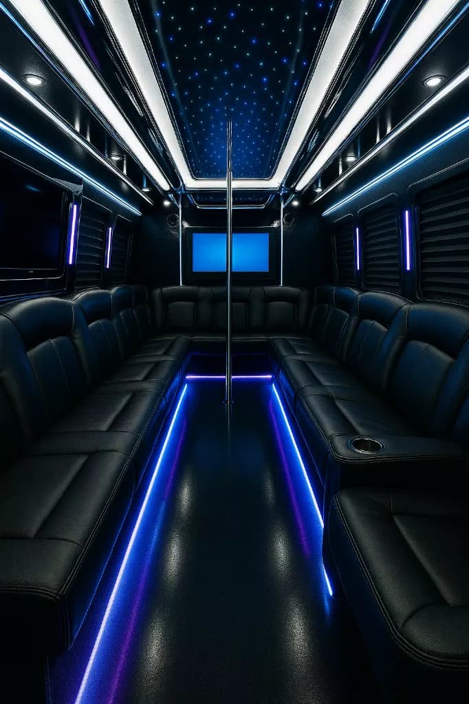 26 Passenger Party Bus interior — Denver Party Ride fleet (24–26 passengers)
