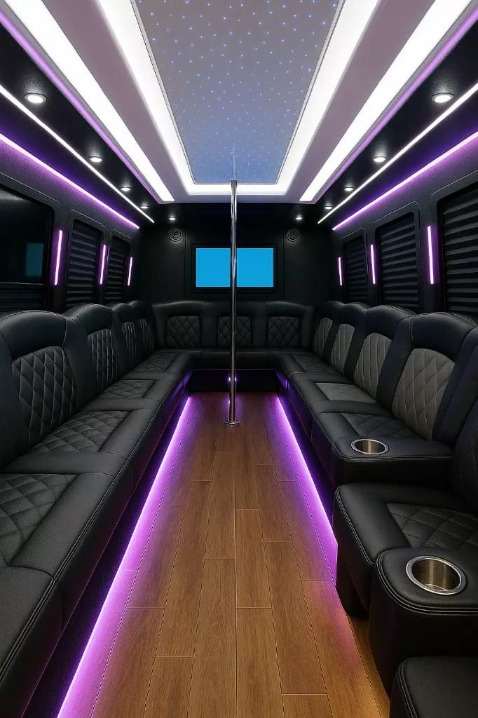 28 Passenger Party Bus interior — Denver Party Ride fleet (26–28 passengers)