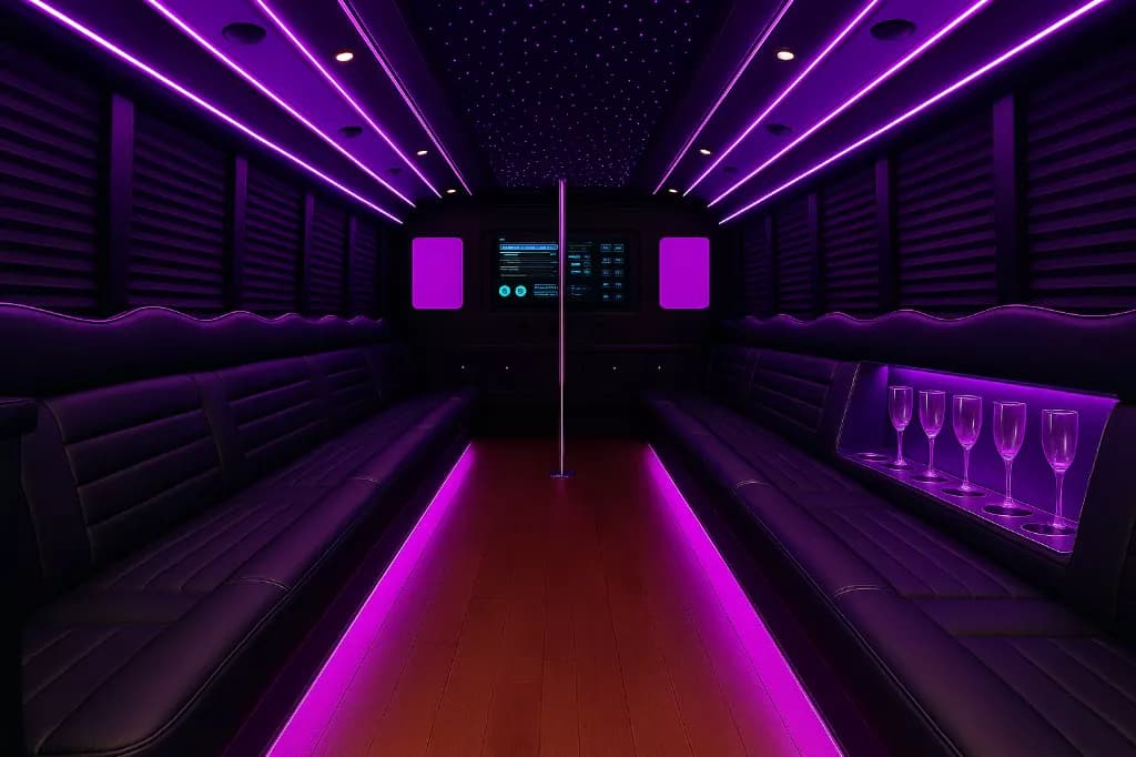 32 Passenger Party Bus interior — Denver Party Ride fleet (30–32 passengers)