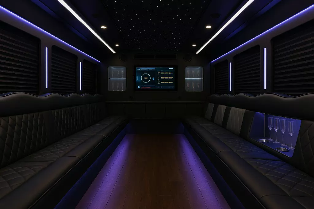 34 Passenger Party Bus interior — Denver Party Ride fleet (32–34 passengers)