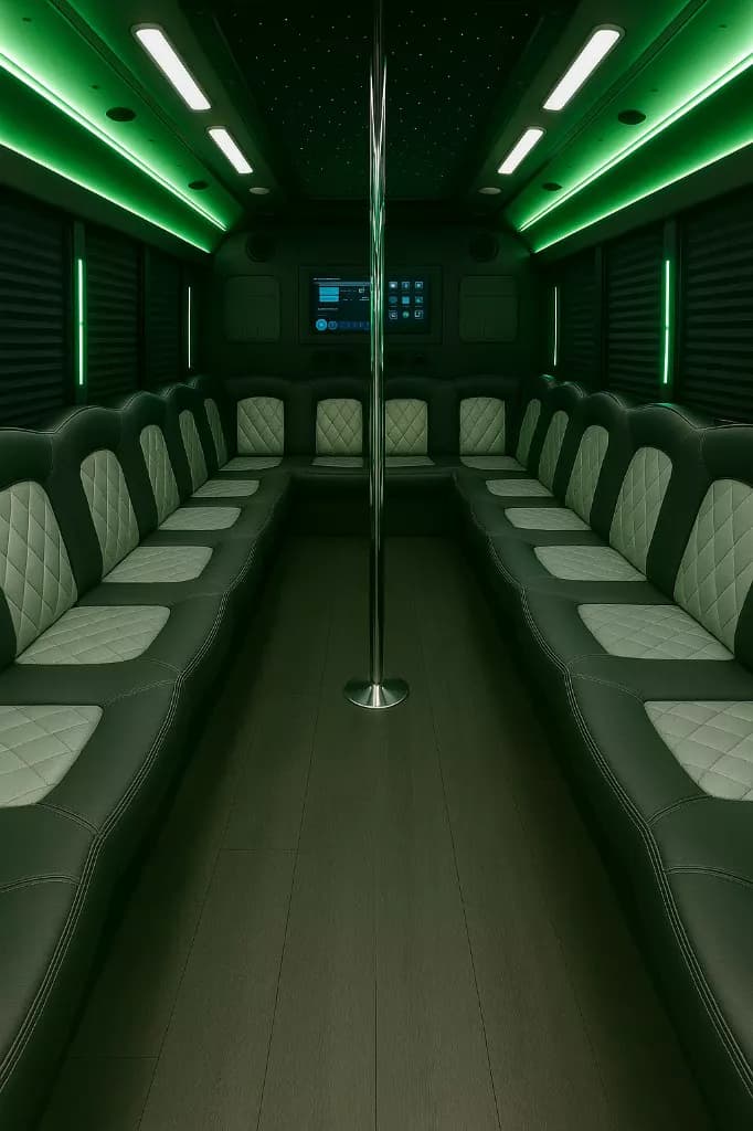 36 Passenger Party Bus interior — Denver Party Ride fleet (34–36 passengers)