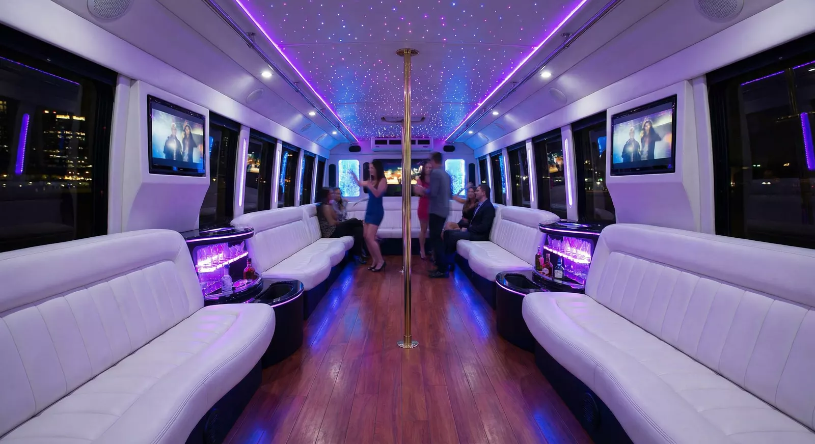 40 Passenger Party Bus interior — Denver Party Ride fleet (38–40 passengers)