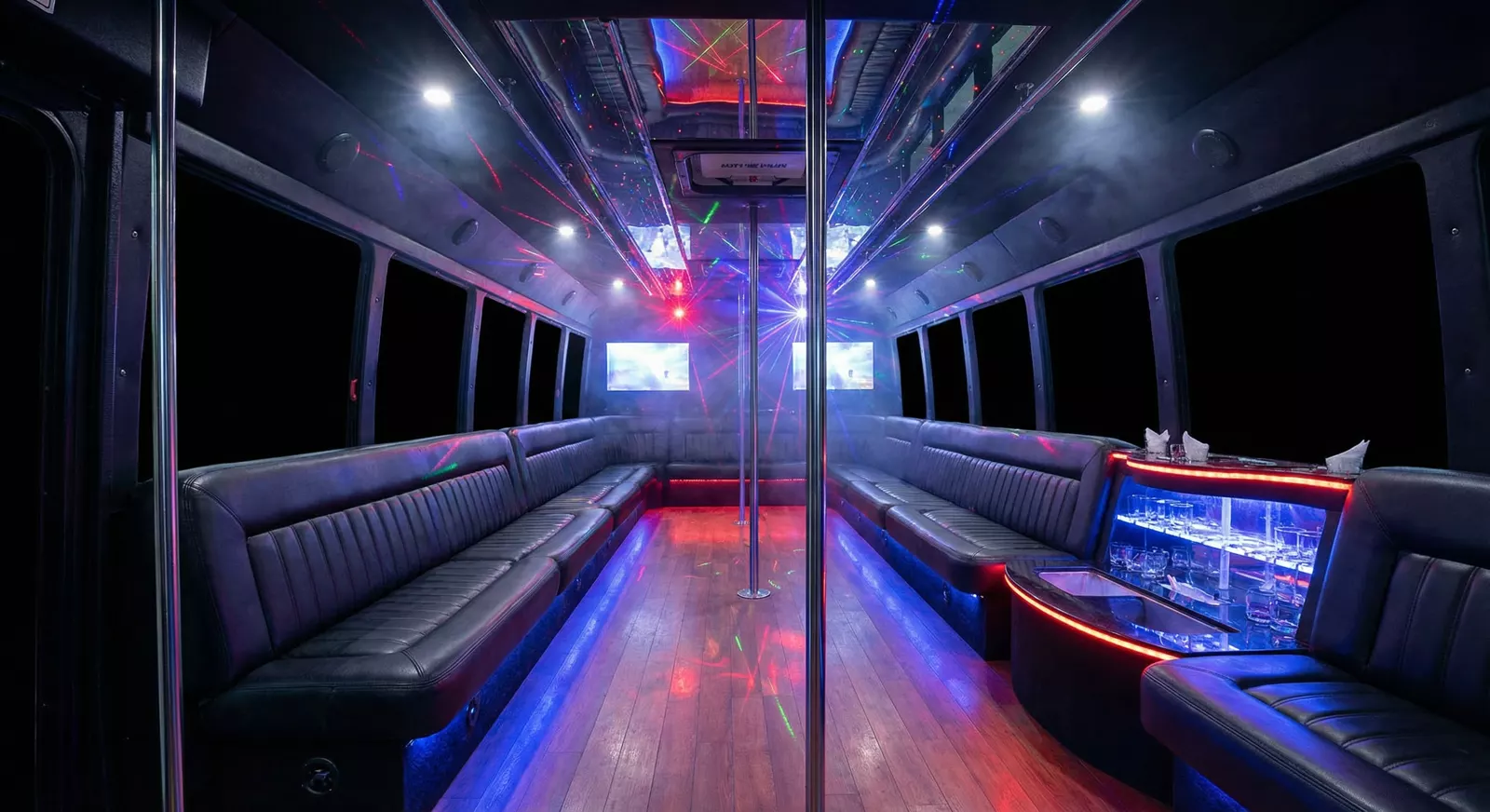 45 Passenger Party Bus interior — Denver Party Ride fleet (40–45 passengers)