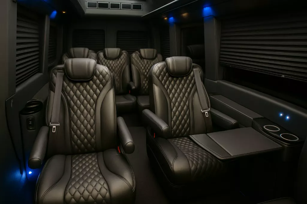 8 Passenger Executive Sprinter interior — Denver Party Ride fleet (6–8 passengers)