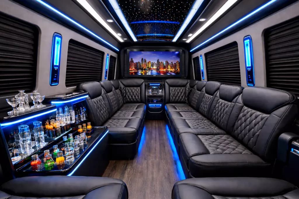 8 Passenger Limo Sprinter interior — Denver Party Ride fleet (6–8 passengers)
