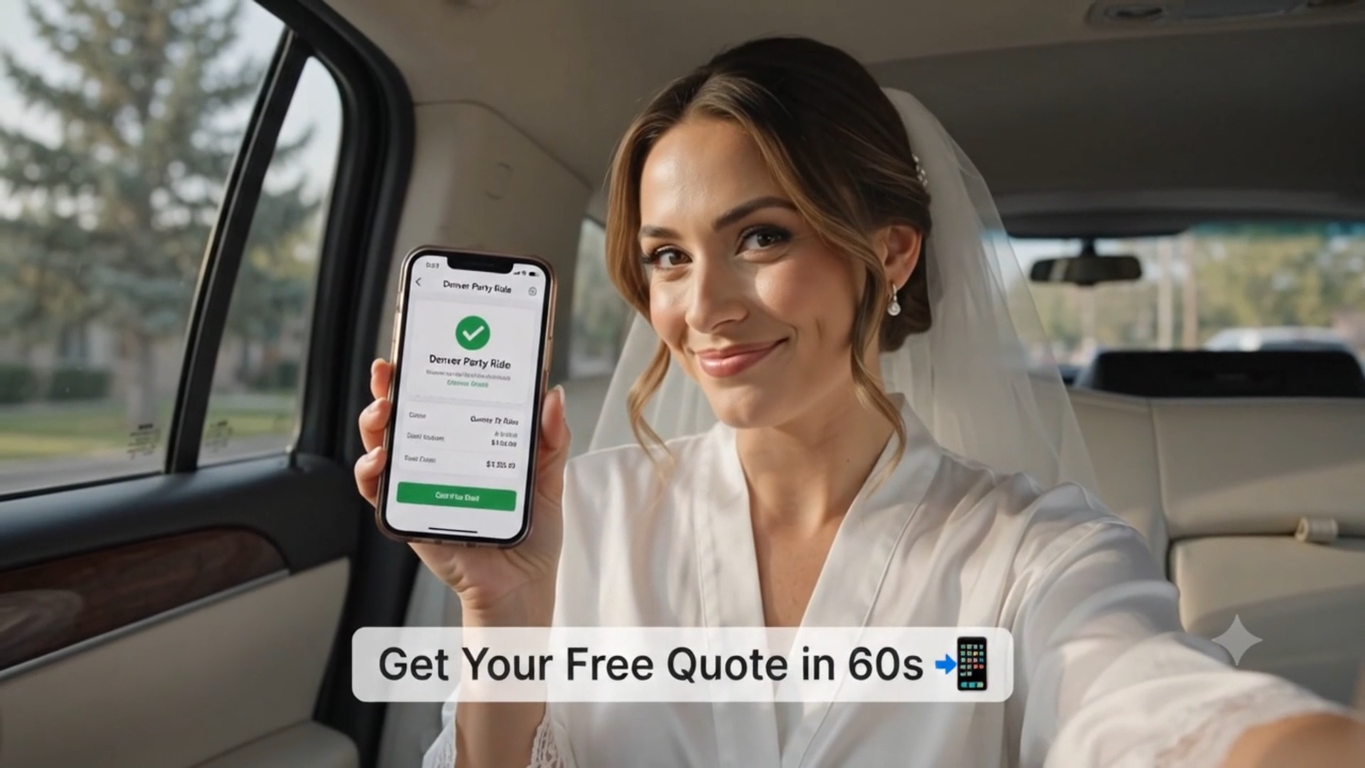 Woman inside a limousine holding up a phone with the quote form