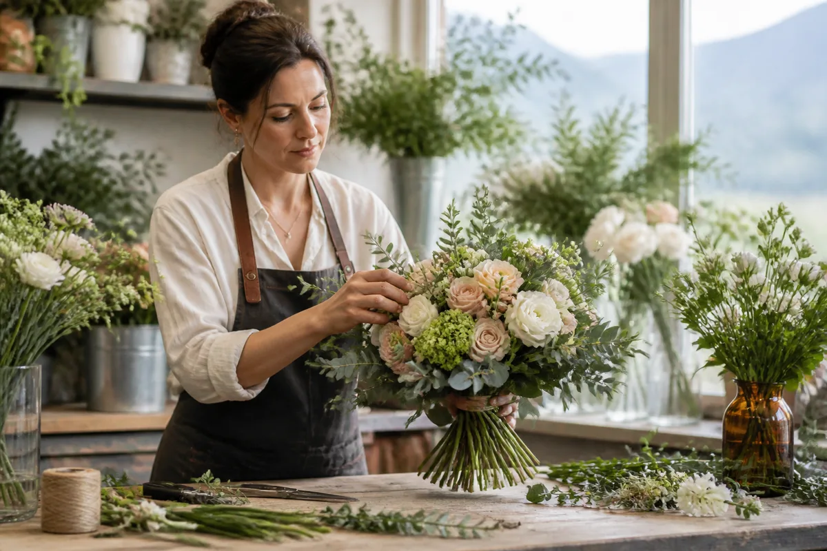 Wedding florist arranging a seasonal bridal bouquet