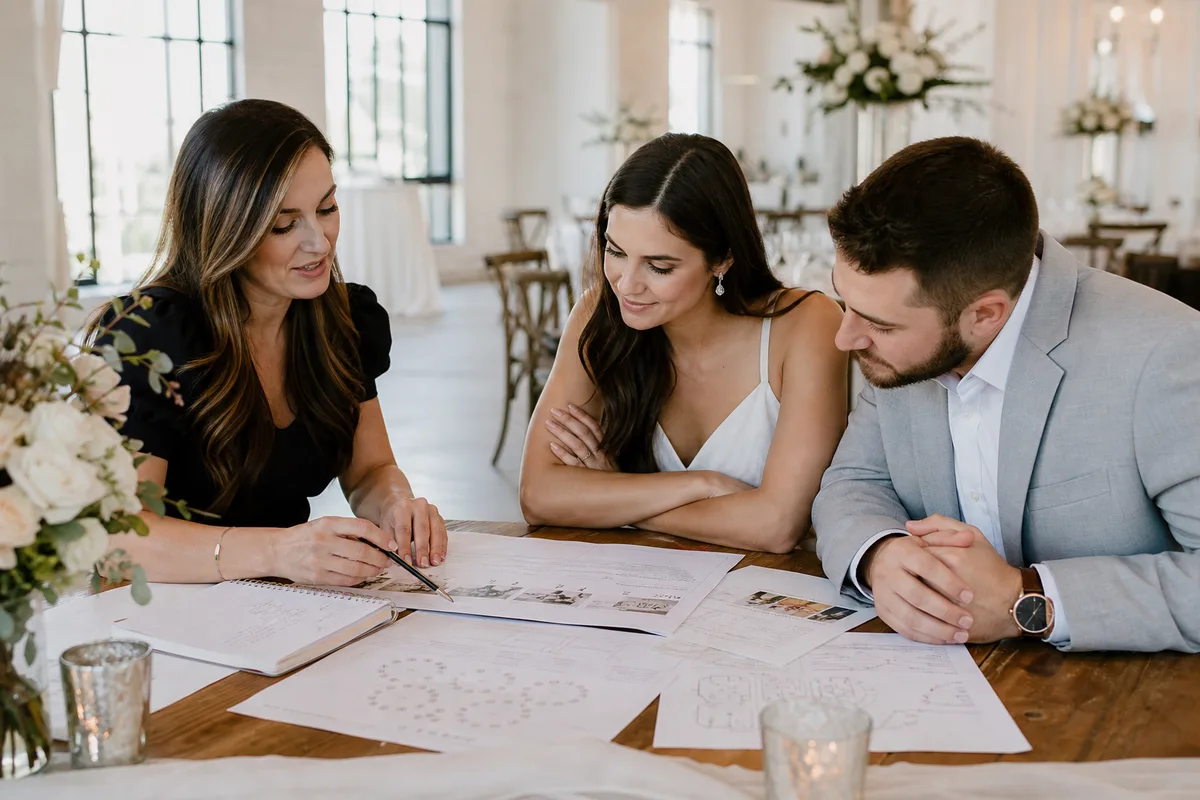Wedding planner reviewing the day’s schedule with a couple